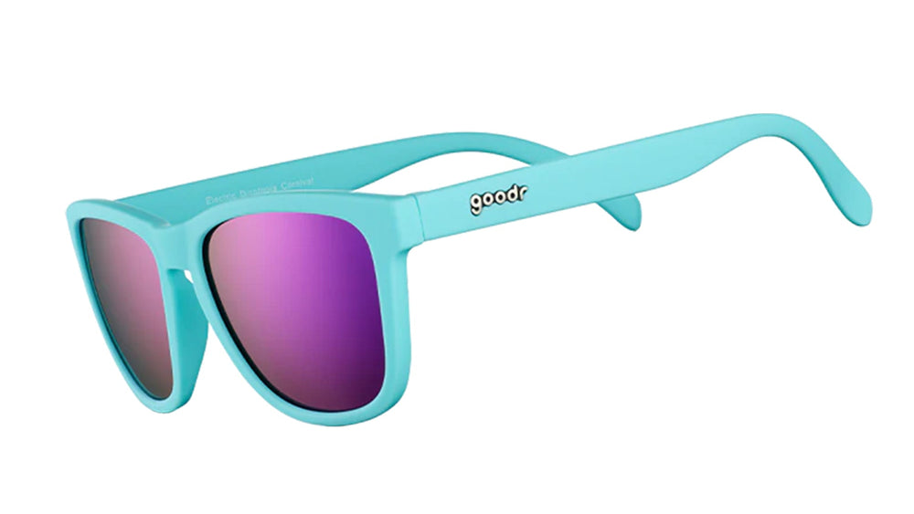 Goodr Electric Dinotopia Carnival OG running sunglasses with vibrant pink and purple frame, polarized UV400 lenses, and no-slip, no-bounce design — ideal for running and active lifestyles.