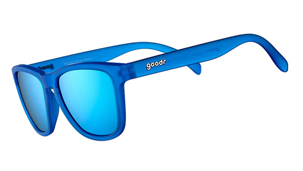 Goodr Falkor's Fever Dream OG running sunglasses with vibrant blue frame and blue polarized UV400 lenses — no-slip, no-bounce performance for running and outdoor activities.