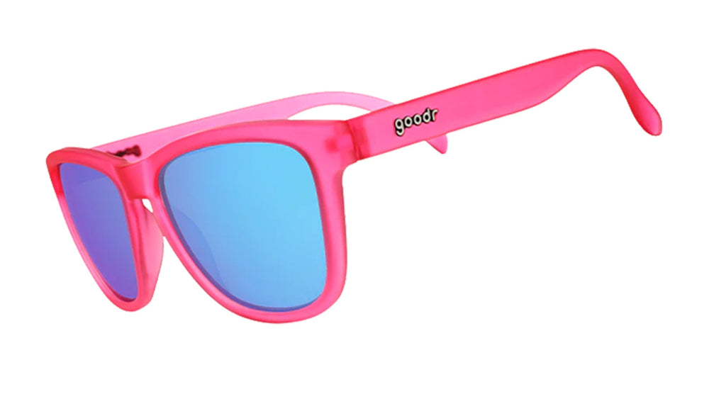 Goodr Flamingos on a Booze Cruise OG running sunglasses with bright pink frame and polarized UV400 lenses — perfect no-slip, no-bounce sunglasses for running and fitness.