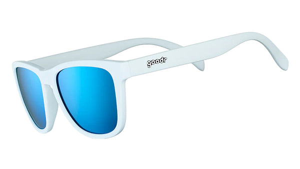 Goodr Iced by Yetis OG running sunglasses with white frame and blue polarized UV400 lenses — no-slip, no-bounce fit ideal for running, cycling, and active lifestyles.