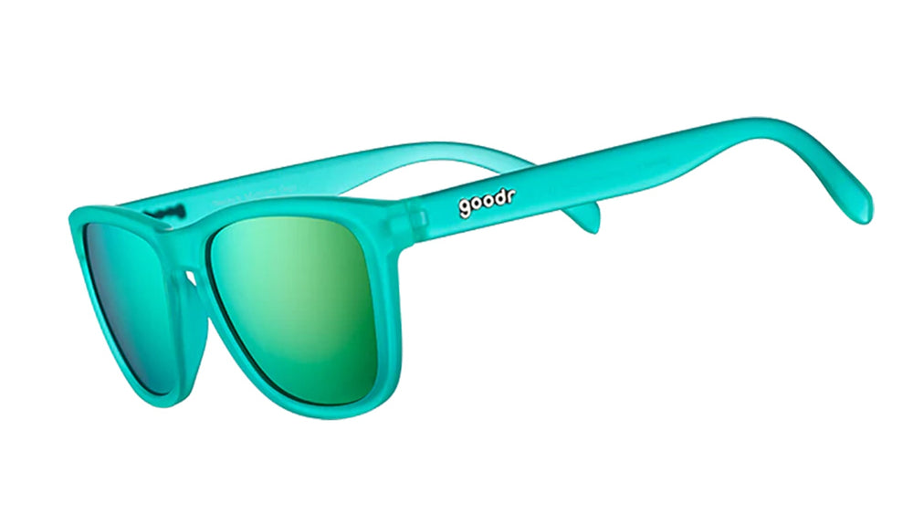 goodr OG running sunglasses Nessy’s Midnight Orgy model with light green frame and lenses, no slip no bounce fit, and all polarized lenses, designed for comfortable running and outdoor sports