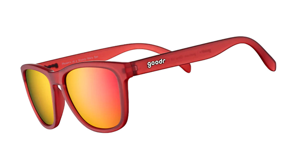 goodr OG running sunglasses Phoenix at a Bloody Mary Bar model with vibrant red-orange frame and lenses, no slip no bounce fit, and all polarized lenses, perfect for runners and outdoor enthusiasts.