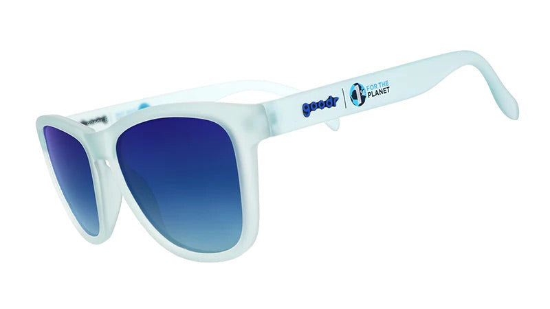 “goodr These Shades Are Still Trash sunglasses with frosted translucent frame and blue mirrored lenses made from recycled materials.”
