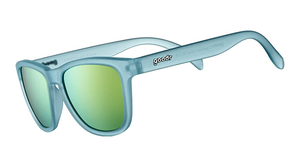 Goodr Sunbathing with Wizards OG running sunglasses with fresh blue frame and gold polarized UV400 lenses — perfect no-slip, no-bounce sunglasses for running and everyday wear.