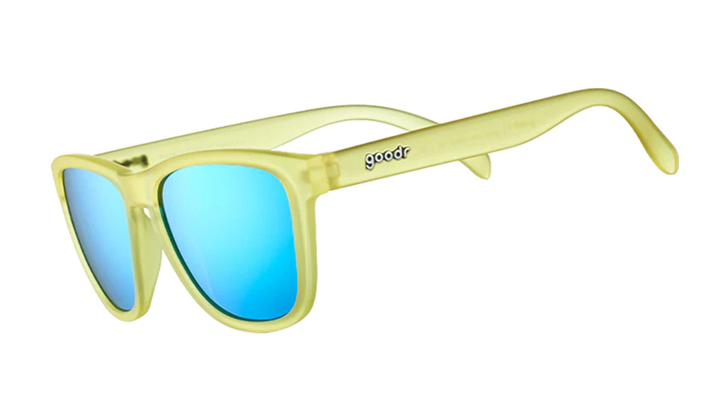 Goodr Swedish Meatball Hangover OG running sunglasses with yellow frame and blue polarized UV400 lenses — no-slip, no-bounce fit for running and active lifestyles.