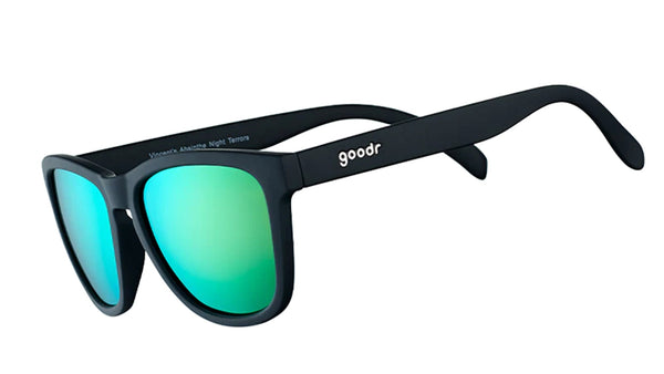 Goodr Vincent's Absinthe Night Terrors OG running sunglasses with black frame and green polarized UV400 lenses — no-slip, no-bounce design for running and active lifestyles.