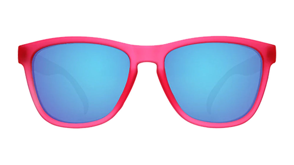Goodr Flamingos on a Booze Cruise OG running sunglasses with bright pink frame and polarized UV400 lenses — perfect no-slip, no-bounce sunglasses for running and fitness.