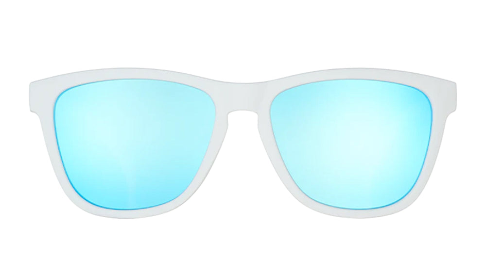 Goodr Iced by Yetis OG running sunglasses with white frame and blue polarized UV400 lenses — no-slip, no-bounce fit ideal for running, cycling, and active lifestyles.