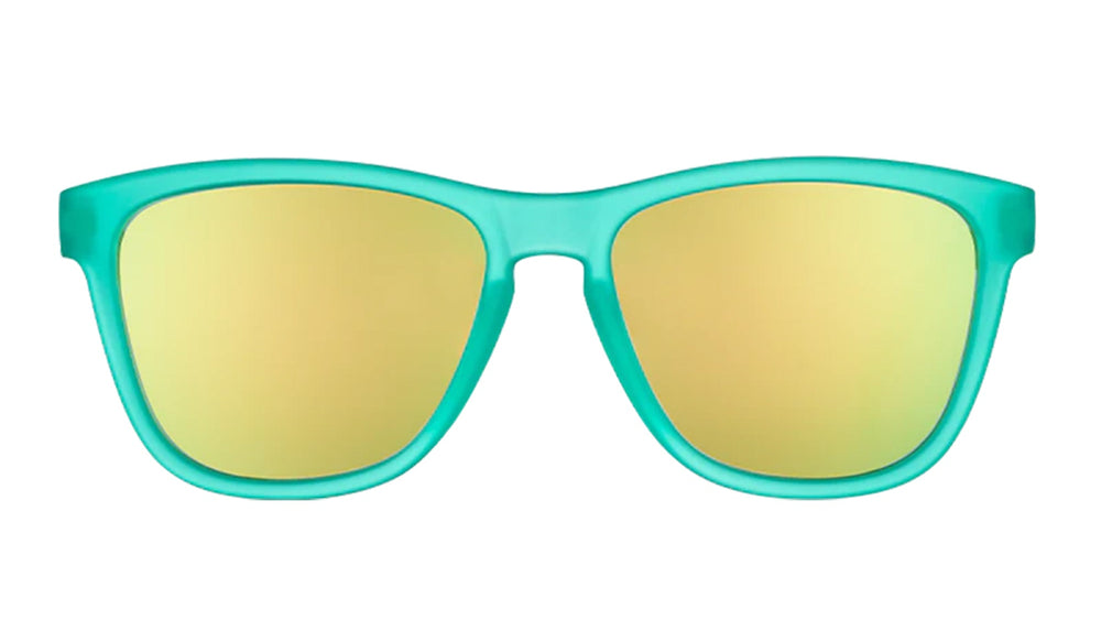 goodr OG running sunglasses Nessy’s Midnight Orgy model with light green frame and lenses, no slip no bounce fit, and all polarized lenses, designed for comfortable running and outdoor sports