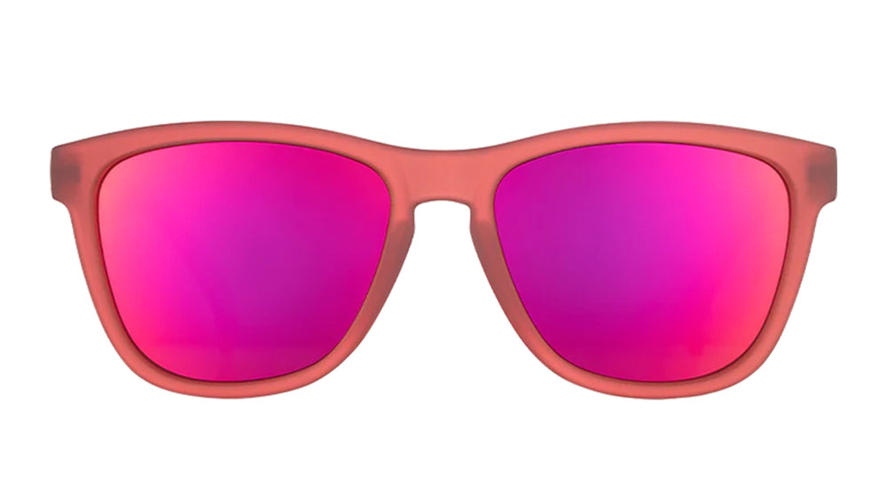 goodr OG running sunglasses Phoenix at a Bloody Mary Bar model with vibrant red-orange frame and lenses, no slip no bounce fit, and all polarized lenses, perfect for runners and outdoor enthusiasts.