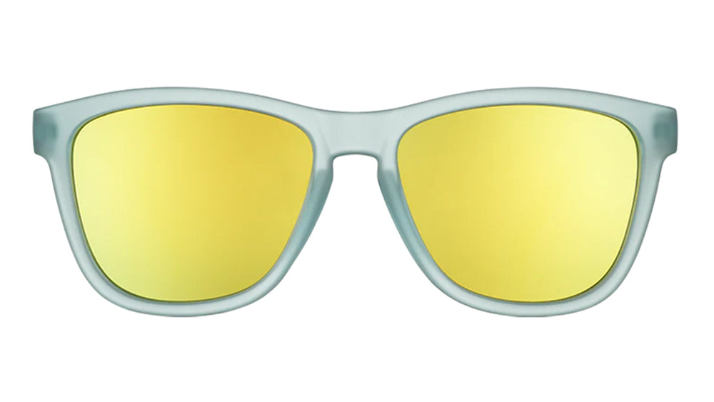 Goodr Sunbathing with Wizards OG running sunglasses with fresh blue frame and gold polarized UV400 lenses — perfect no-slip, no-bounce sunglasses for running and everyday wear.