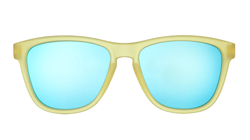 Goodr Swedish Meatball Hangover OG running sunglasses with yellow frame and blue polarized UV400 lenses — no-slip, no-bounce fit for running and active lifestyles.