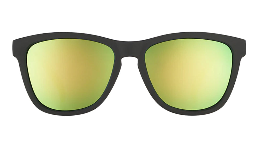 Goodr Vincent's Absinthe Night Terrors OG running sunglasses with black frame and green polarized UV400 lenses — no-slip, no-bounce design for running and active lifestyles.