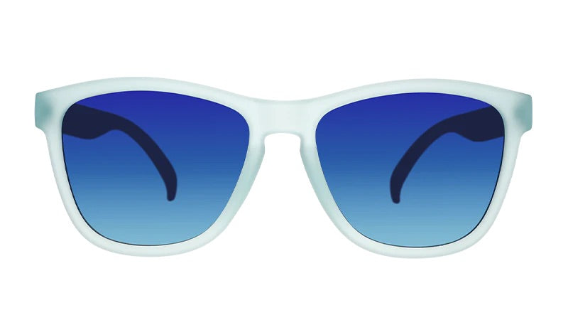 “goodr These Shades Are Still Trash sunglasses with frosted translucent frame and blue mirrored lenses made from recycled materials.”
