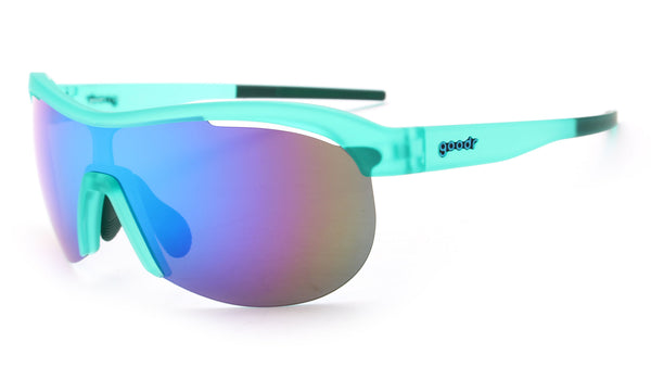 goodr Sonic G Cue Slow-Mo Montage running sunglasses with teal frame and rainbow mirrored shield lens