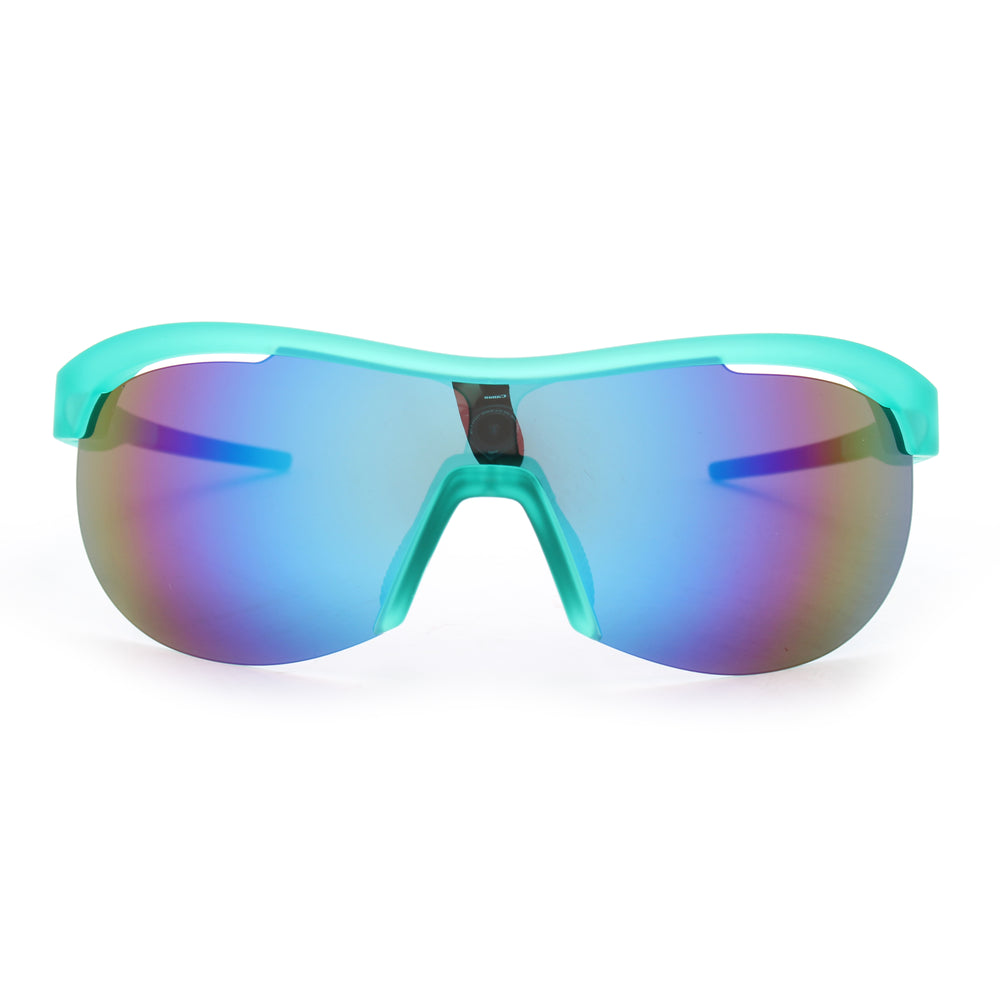 goodr Sonic G Cue Slow-Mo Montage running sunglasses with teal frame and rainbow mirrored shield lens