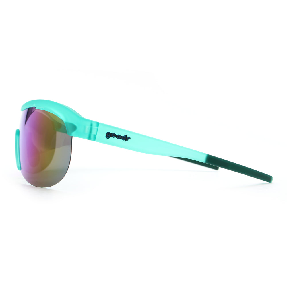 goodr Sonic G Cue Slow-Mo Montage running sunglasses with teal frame and rainbow mirrored shield lens