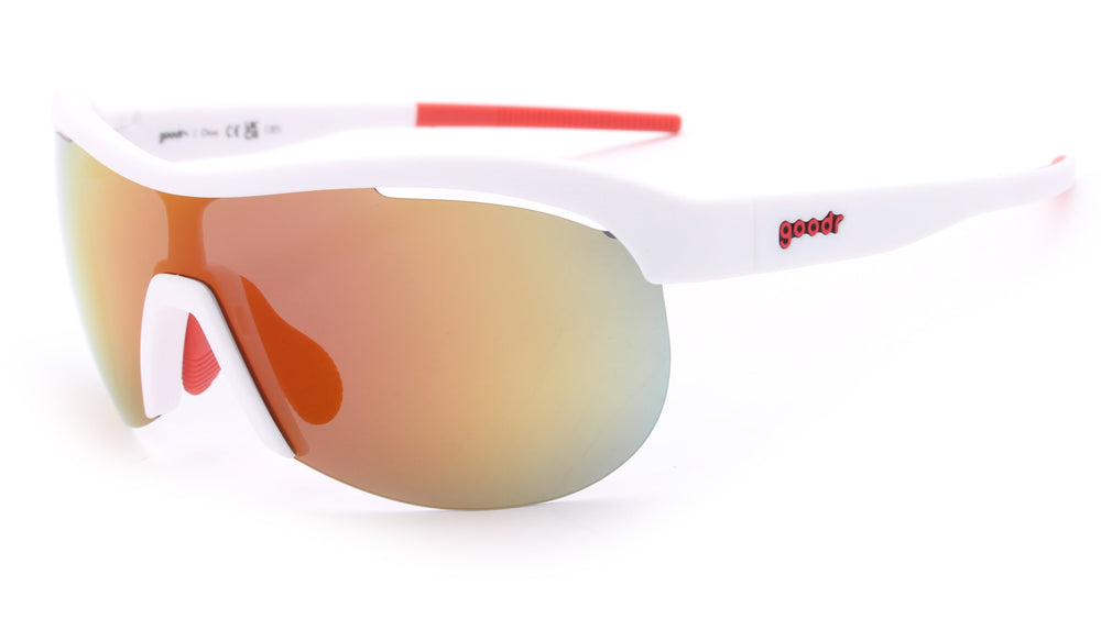 Goodr Sonic G running sunglasses “Today’s Special: My Dust” with white frame, orange nose grips, and mirrored wraparound lenses on a clean white background, lightweight anti-slip sports eyewear for running and outdoor performance