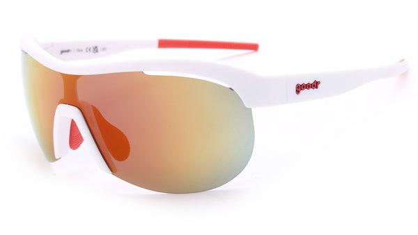 Goodr Sonic G running sunglasses “Today’s Special: My Dust” with white frame, orange nose grips, and mirrored wraparound lenses on a clean white background, lightweight anti-slip sports eyewear for running and outdoor performance