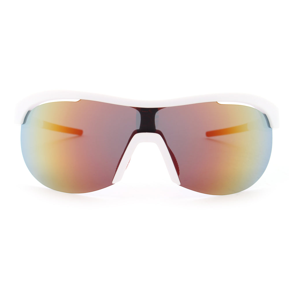 Goodr Sonic G running sunglasses “Today’s Special: My Dust” with white frame, orange nose grips, and mirrored wraparound lenses on a clean white background, lightweight anti-slip sports eyewear for running and outdoor performance