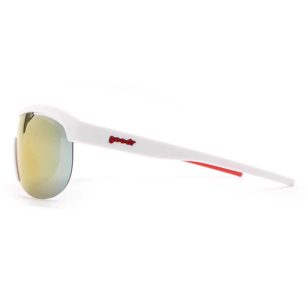 Goodr Sonic G running sunglasses “Today’s Special: My Dust” with white frame, orange nose grips, and mirrored wraparound lenses on a clean white background, lightweight anti-slip sports eyewear for running and outdoor performance
